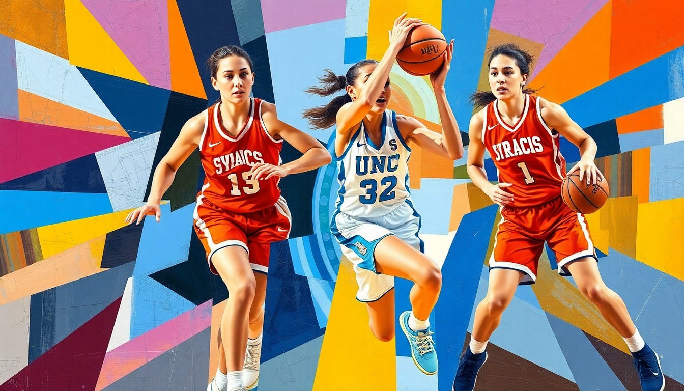 A cubist, geometric painting depicting a women's basketball player in motion, with the colors of the UNC Tar Heels and Syracuse Orange uniforms overlapping in a fractured, multi-perspective style.