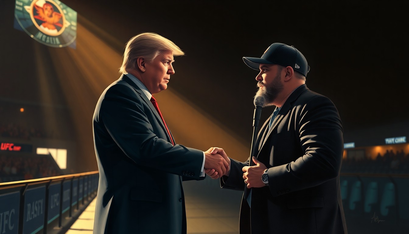 A cinematic painting of two men, one in a suit and the other in a casual shirt, shaking hands in a dimly lit arena concourse, with warm diagonal light and deep shadows creating a nostalgic, investigative mood.
