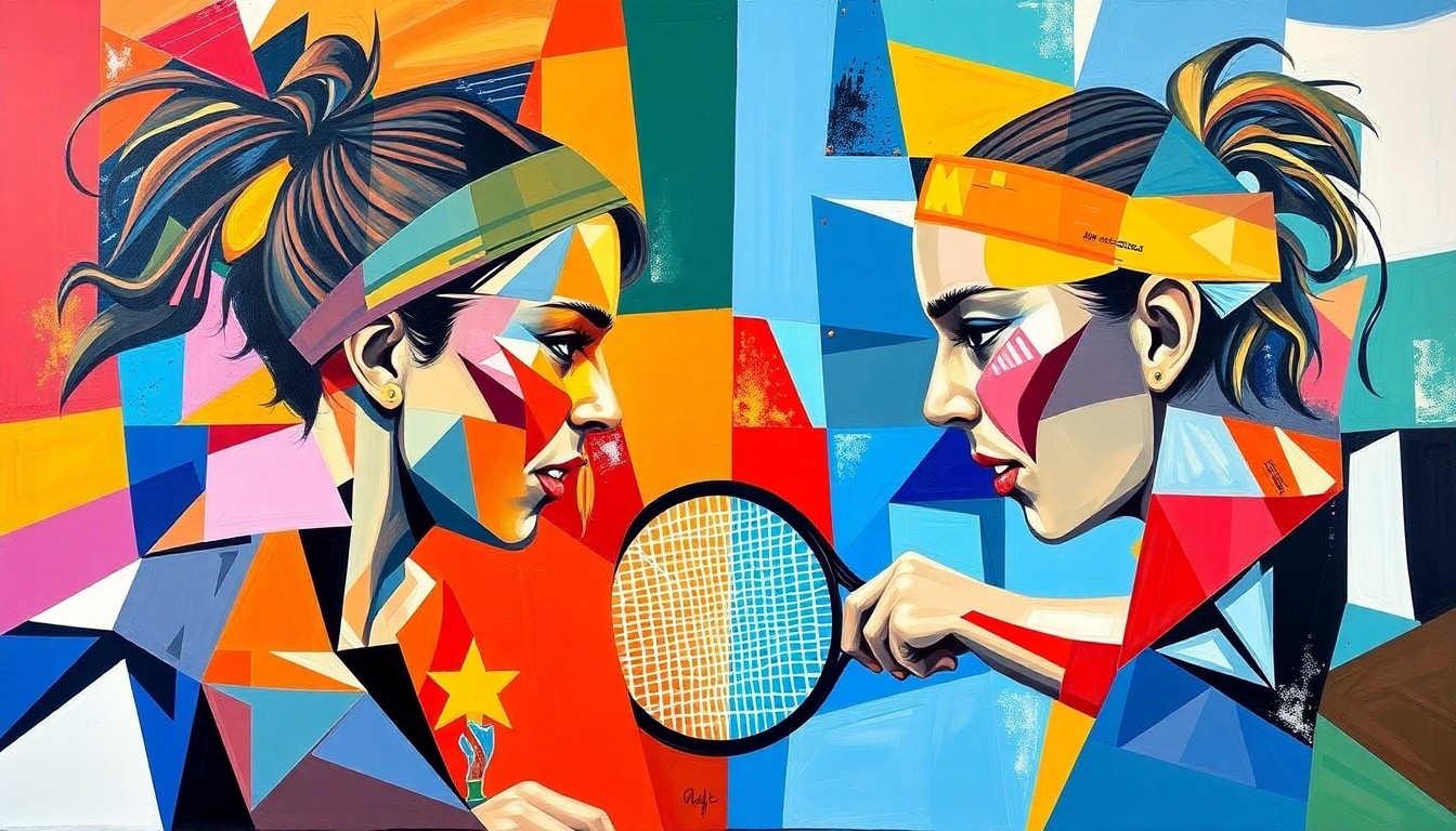 A fractured, multi-perspective painting in vibrant colors, breaking down the intense action of the Miami Open 2026 women's final between Aryna Sabalenka and Coco Gauff into sharp, overlapping geometric shapes and planes.