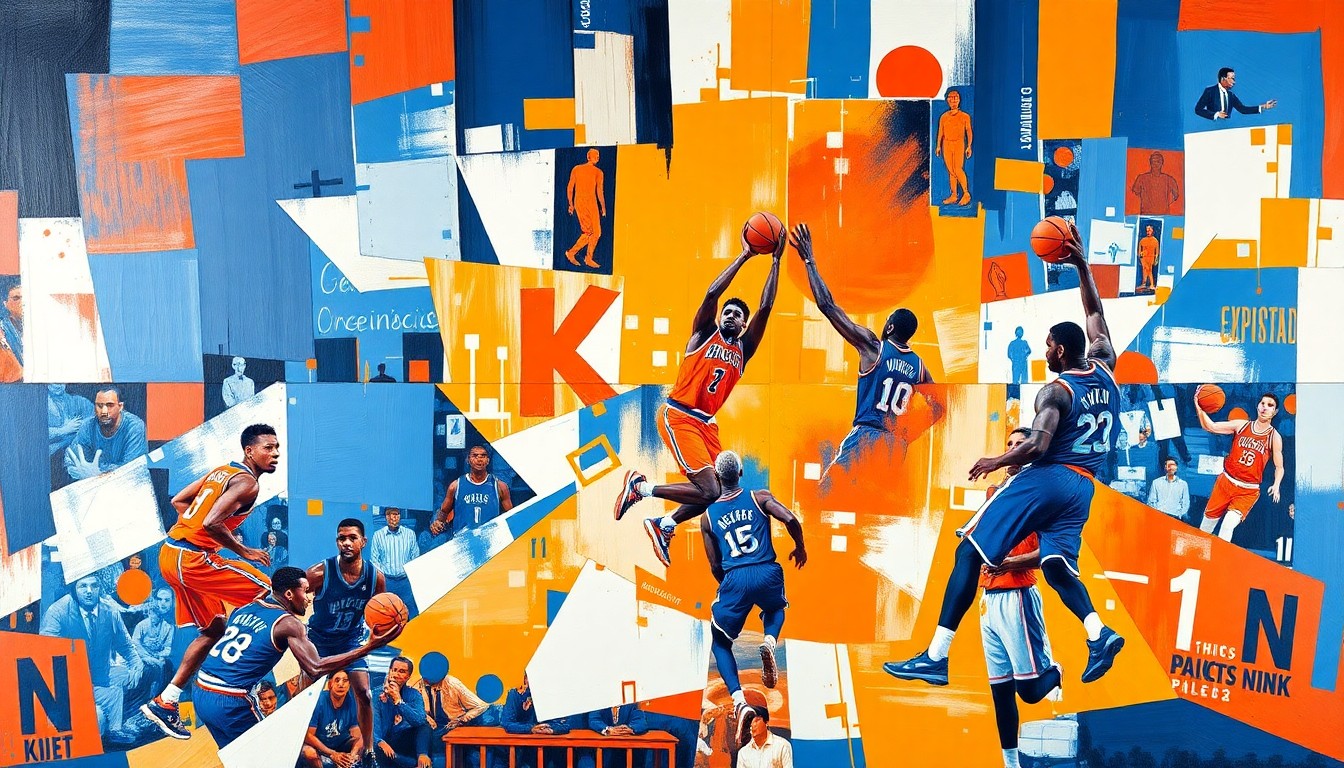 A cubist, geometric painting depicting a Knicks basketball game or players in action, with sharp, overlapping planes of vibrant orange, blue, and white colors representing the team's energy and defensive intensity.