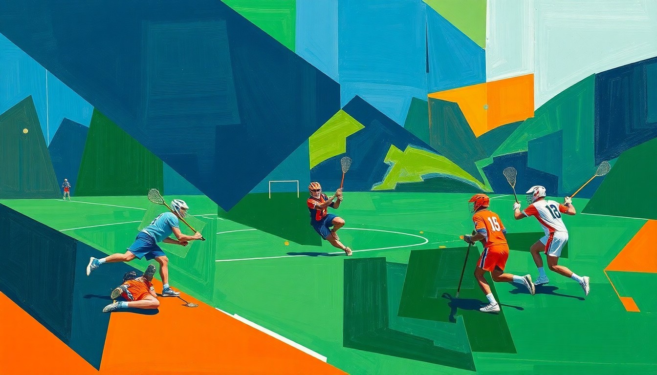 A cubist, geometric painting depicting the dynamic action of a men's lacrosse game, with overlapping planes of navy, green, and orange conveying the sport's intensity and Siena's ongoing playoff run.