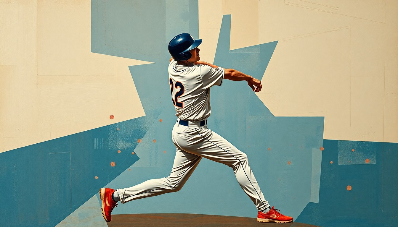A cubist-style painting depicting a baseball player's motion broken down into sharp, overlapping geometric shapes in muted earth tones and blues, with hints of red and yellow, conveying the idea of a talented prospect struggling to adapt to the major leagues.