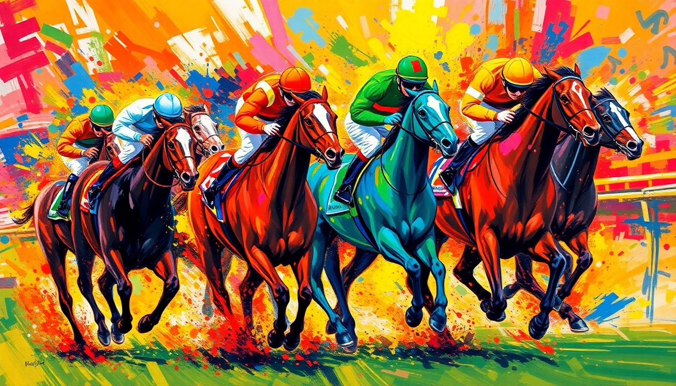 A vibrant, expressionist painting in neon colors capturing the raw energy and movement of a horse race, with the horses and jockeys blending into abstract splatters of paint.