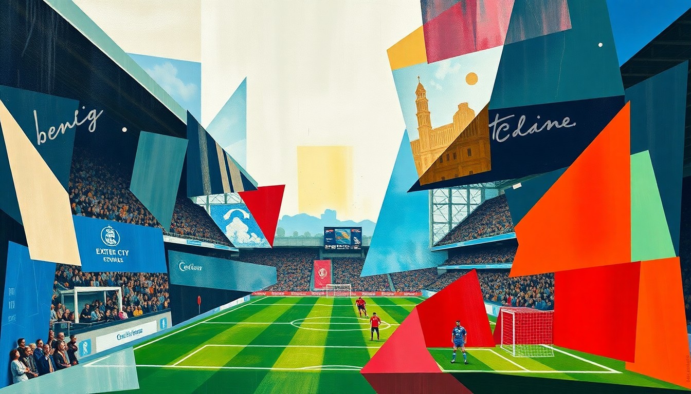 A cubist, geometric painting depicting a football match between two teams, with the players and the field broken down into sharp, overlapping shapes and planes, conveying the excitement and energy of the game.