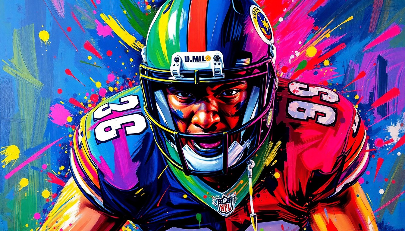 An abstract, expressionist painting in vibrant neon colors, depicting the powerful movements and energy of an NFL edge defender, with the player's face and uniform details blurred into unrecognizable brushstrokes.