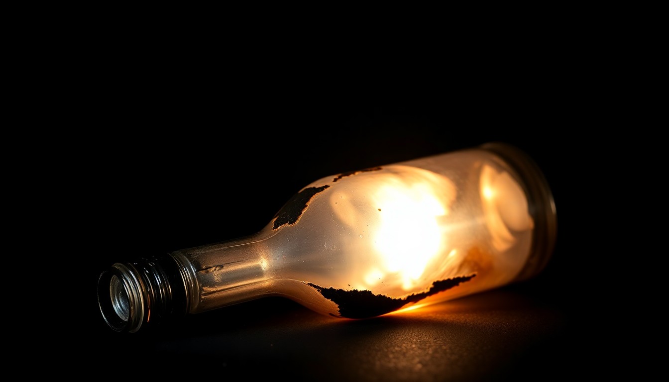 An extreme close-up of a partially melted and charred Molotov cocktail bottle, capturing the gritty, investigative nature of the crime scene.