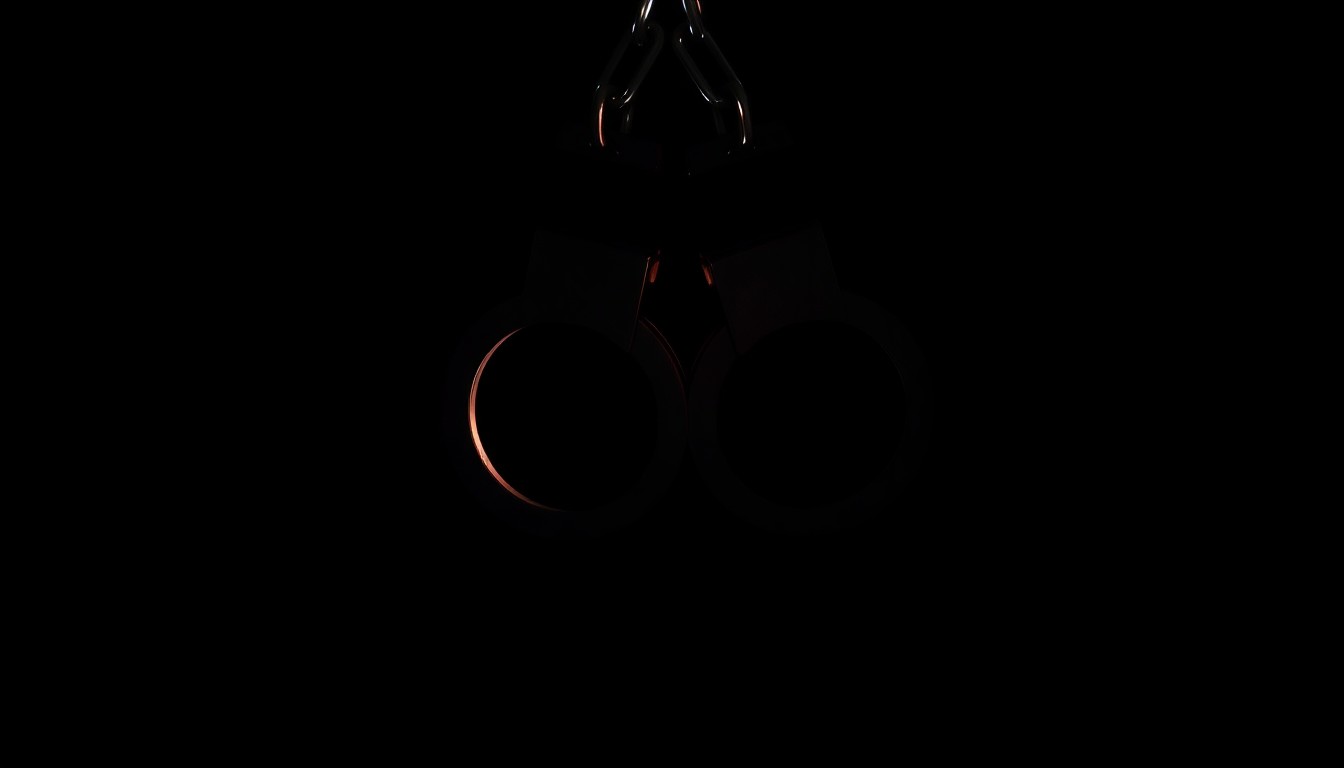 An extreme close-up photograph of a pair of handcuffs against a pitch-black background, the metal gleaming under the harsh, direct light of a camera flash, creating a stark, gritty, and investigative aesthetic.