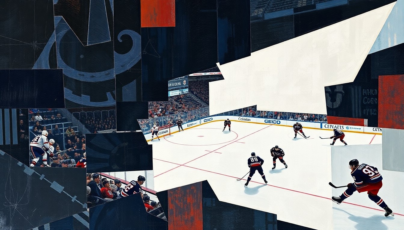 A fragmented, geometric painting depicting a hockey game, with sharp, overlapping planes of color and form representing the action on the ice.