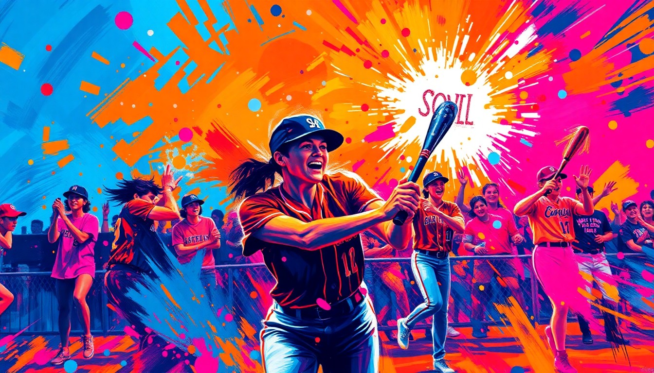 An abstract expressionist painting with vibrant brushstrokes in shades of blue, orange, and magenta, capturing the energy and celebration of a high school softball senior night.