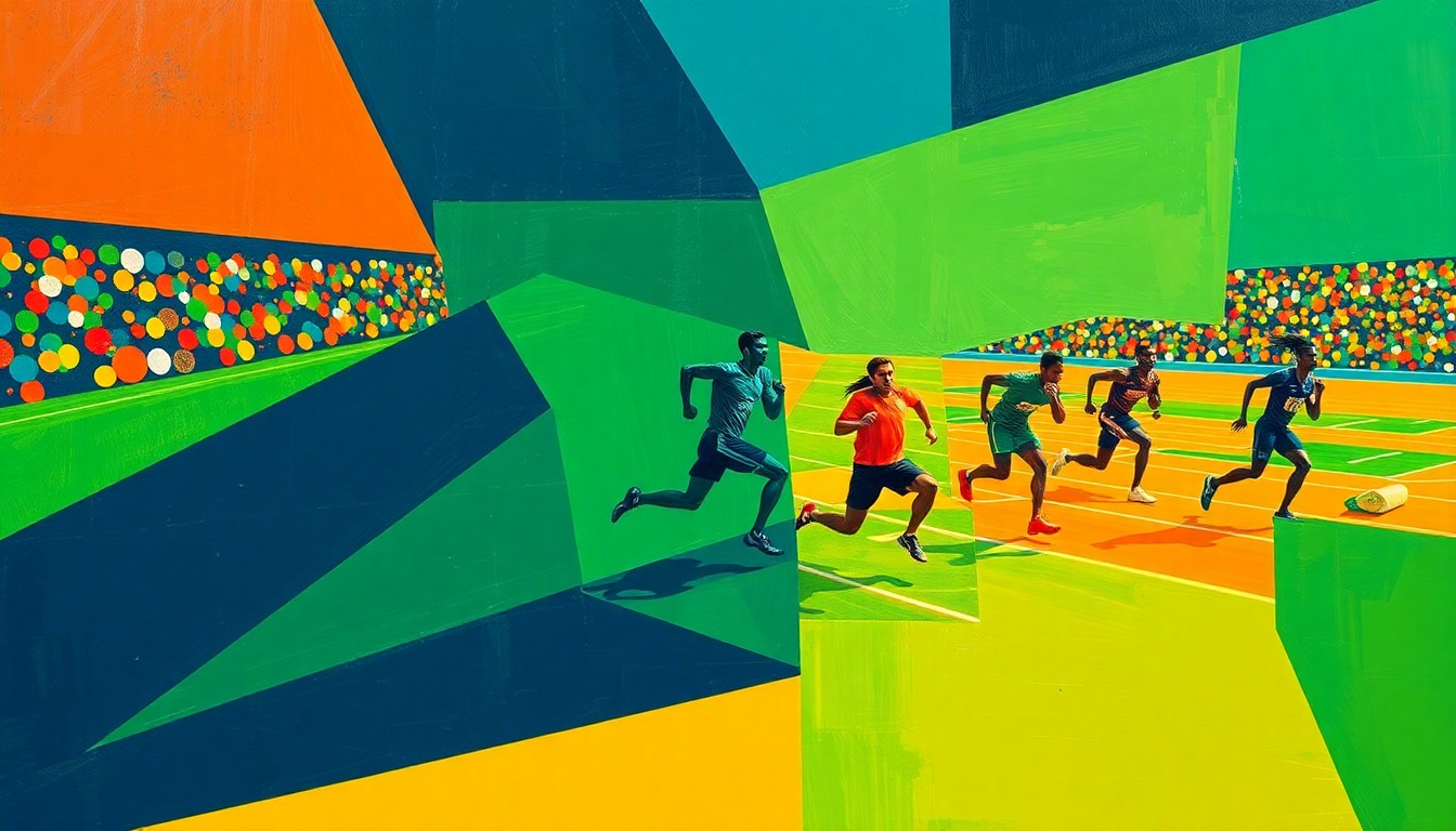 A fragmented, geometric painting in shades of navy, green, and orange, depicting the overlapping and intersecting planes of a track and field competition in an abstract, cubist style.