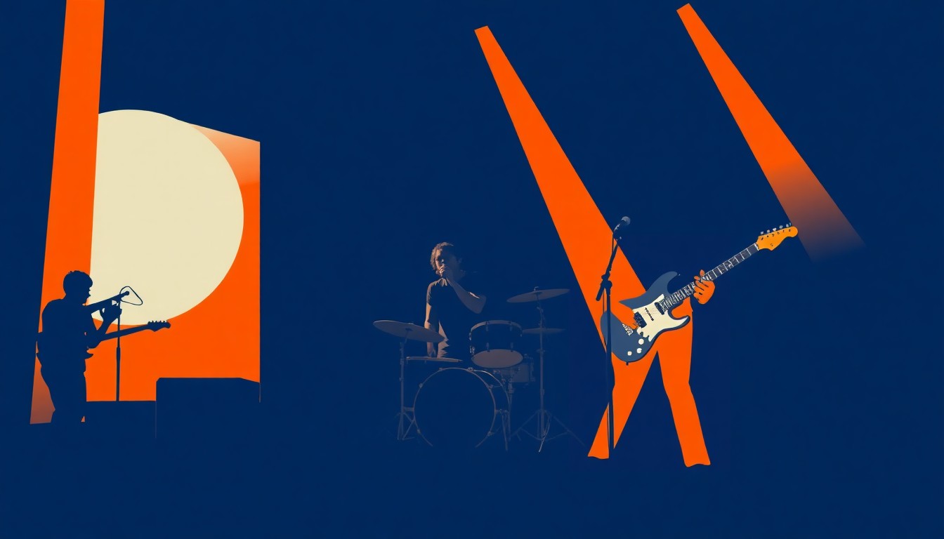 A striking abstract composition featuring bold, jagged shapes in deep indigo and bright orange, conceptually representing the energy and spirit of an indie rock band performance.