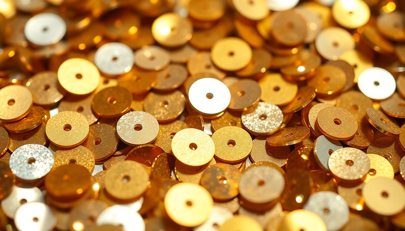 An abstract close-up photograph of shimmering, high-contrast sequins in metallic gold, silver, and bronze tones, evoking the glamour and luxury of celebrity culture.