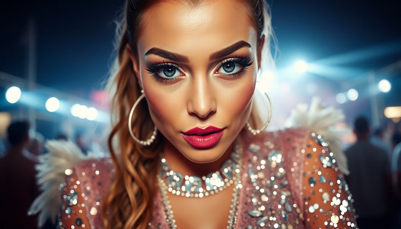 An abstract close-up photograph of a glittering, sequined fabric texture in vibrant colors, conveying the high-fashion glamour of a music festival outfit.