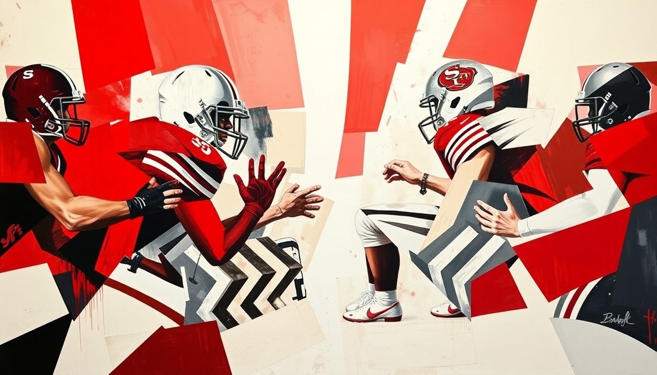 A fragmented, cubist-style painting depicting the dynamic interplay between two college football quarterbacks, their movements and actions deconstructed into sharp, overlapping geometric shapes in shades of crimson, white, and black.