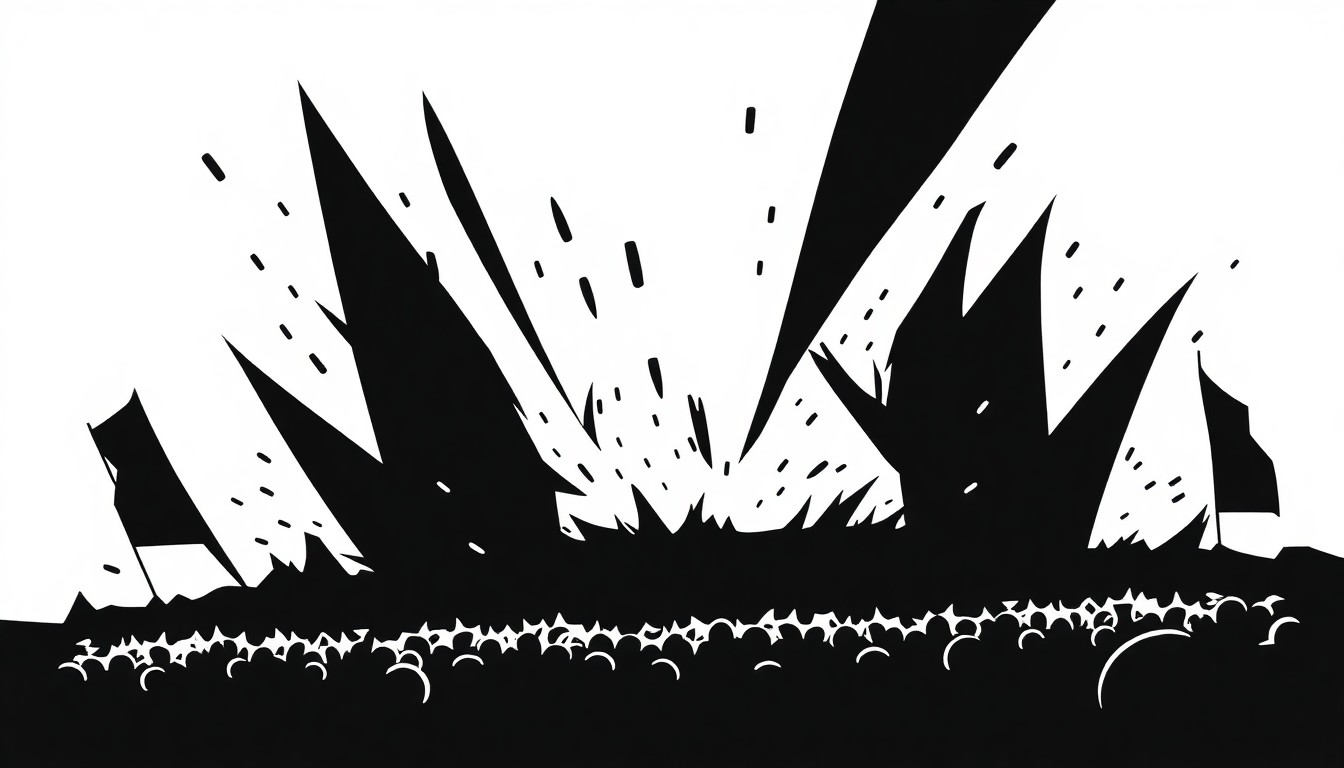 A minimalist, abstract illustration featuring bold, jagged black shapes against a stark white background, conceptually representing the disruptive power of wind at an outdoor music festival.