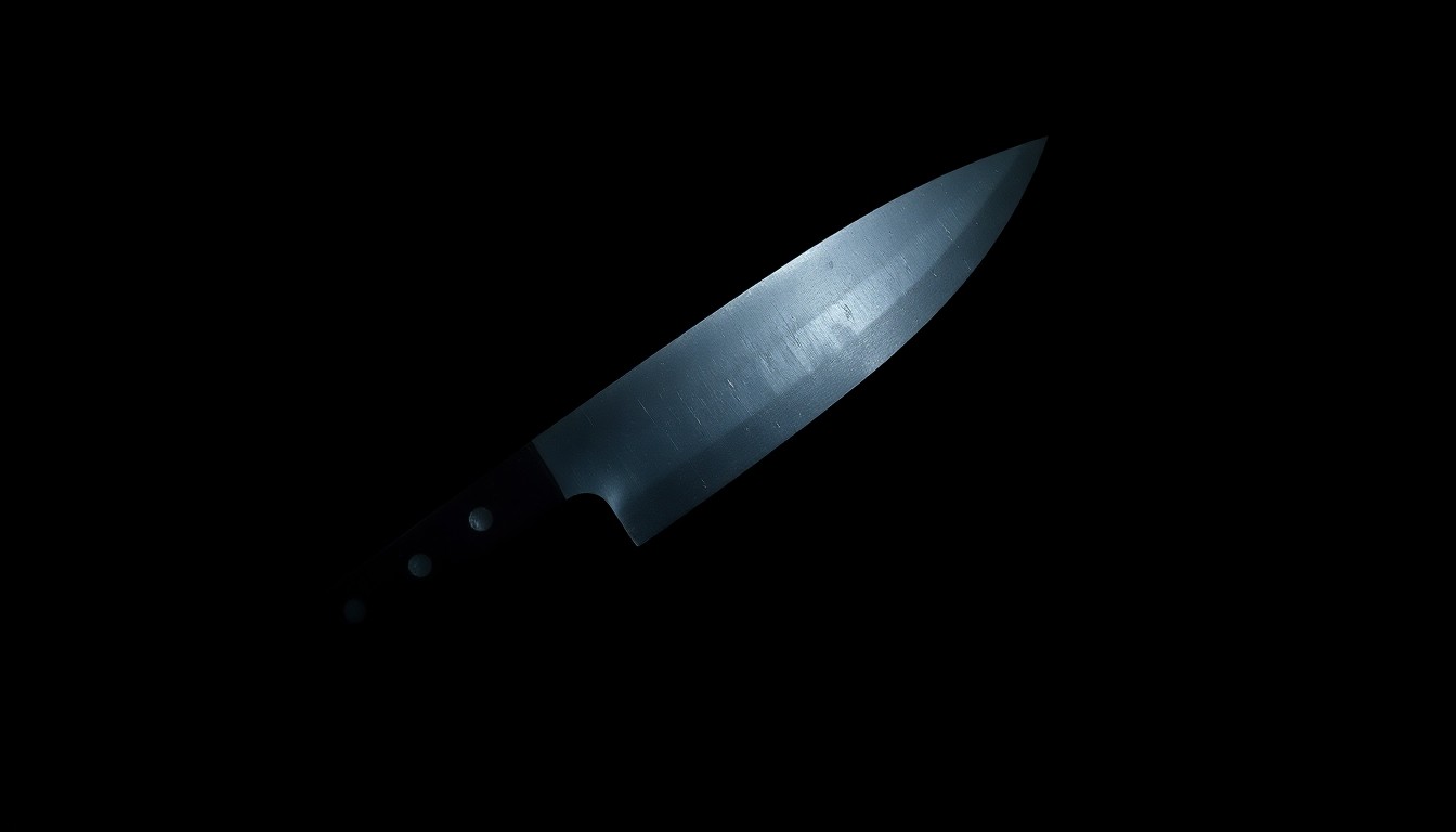 An extreme close-up photograph of a machete blade against a pitch-black background, capturing the stark, gritty, and investigative aesthetic of the crime scene without depicting any violence.