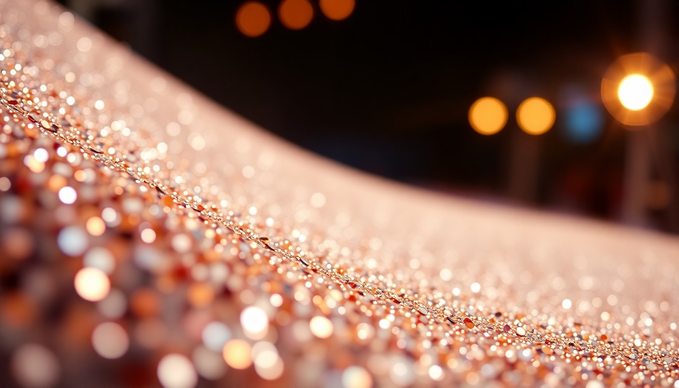 An extreme close-up photograph of shimmering, glittering sequins under dramatic studio lighting, capturing the luxurious and high-fashion atmosphere of the Coachella celebrity party.