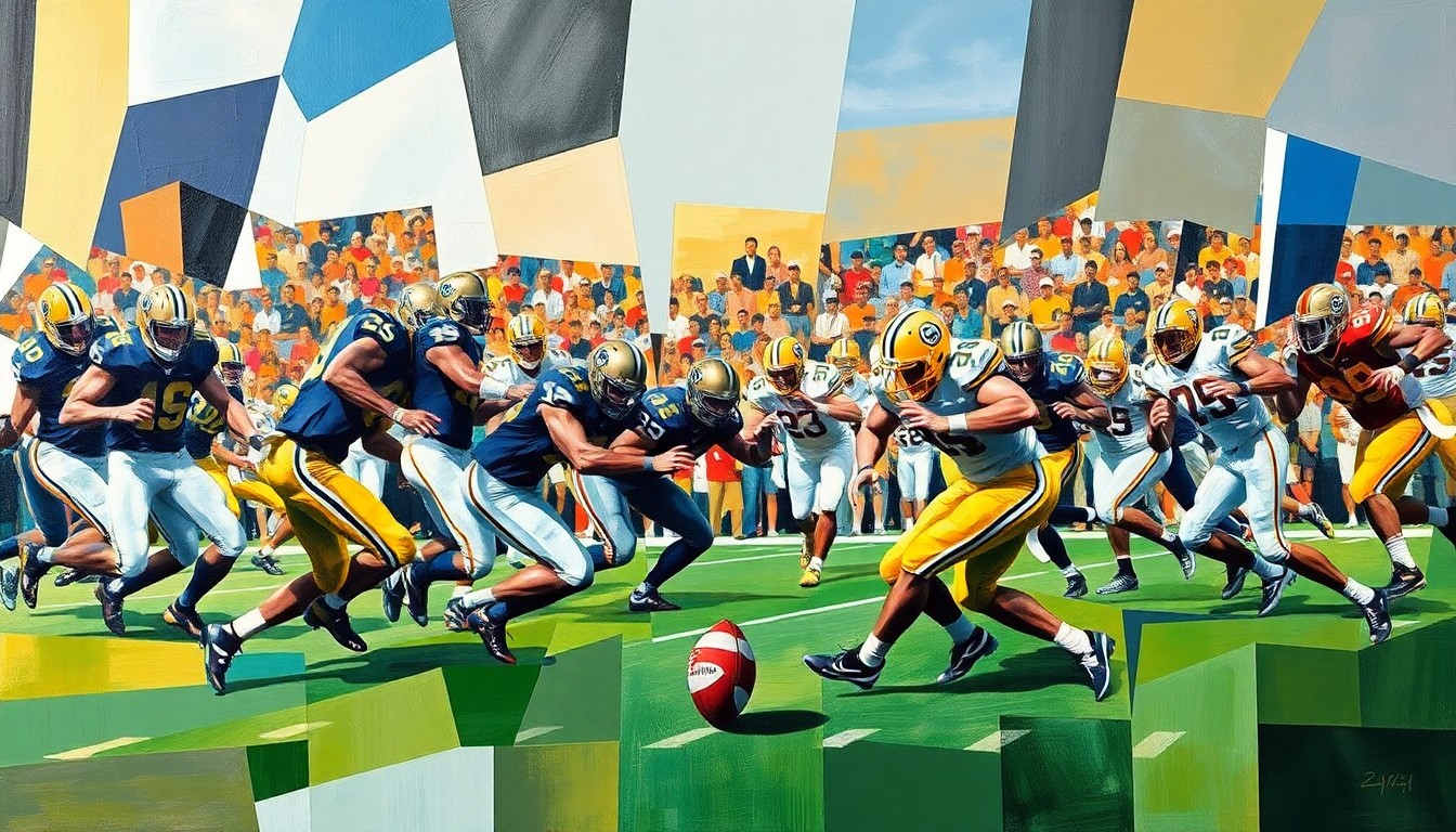 A cubist, geometric painting depicting a Notre Dame football game, with the players' forms broken down into abstract shapes and colors, creating a dynamic, multi-perspective composition.