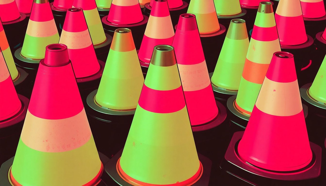 A brightly colored, high-contrast silkscreen-style illustration of multiple traffic cones in a grid pattern, representing the iconic imagery of a traffic jam. The image uses vibrant neon colors and heavy black outlines to transform an everyday object into a modern pop art piece.