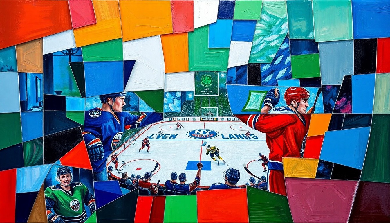 A cubist, fractured painting depicting an NHL hockey game, with sharp geometric planes in shades of blue, green, and red representing the teams involved in the playoff race.
