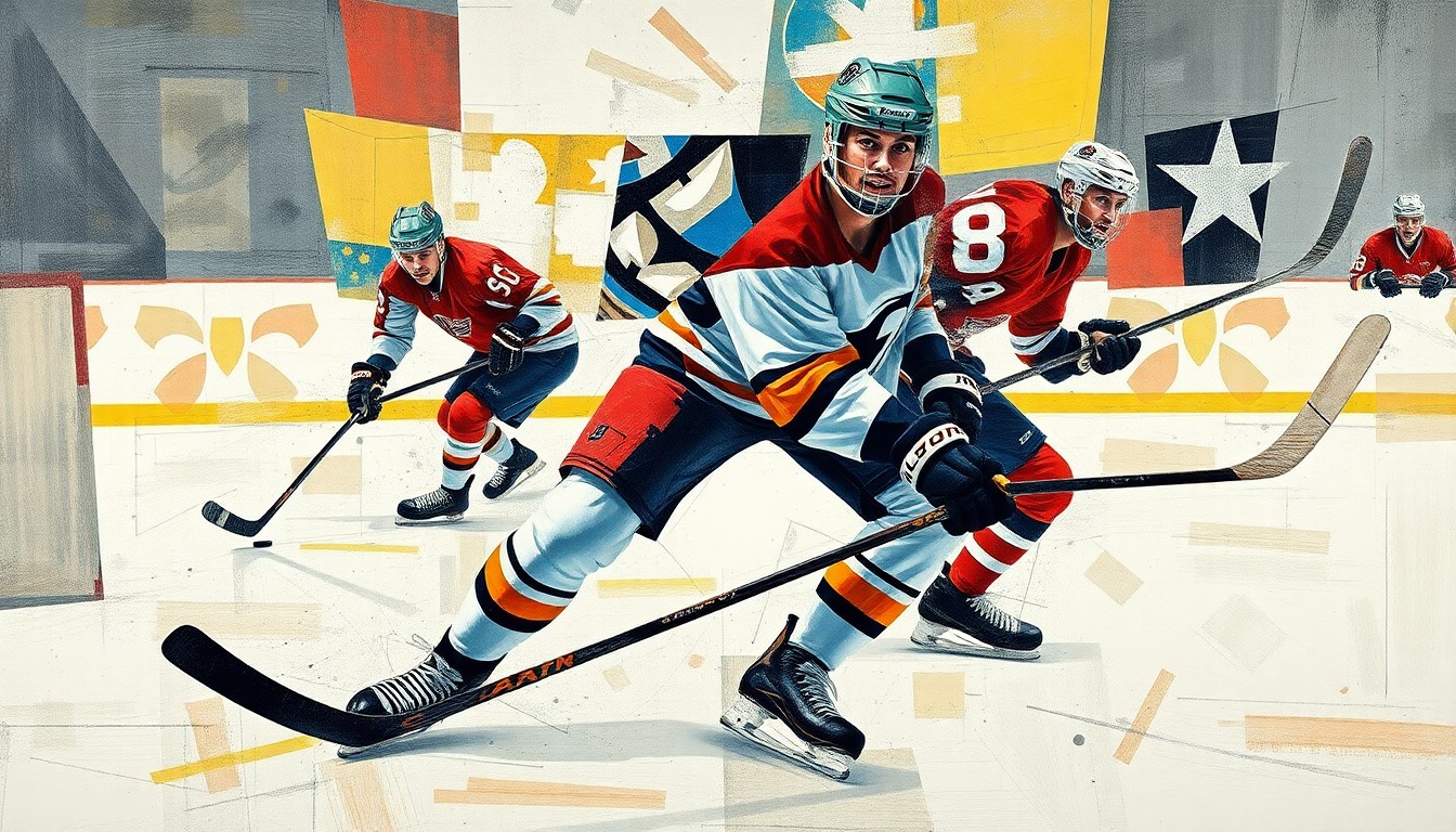 A cubist, geometric painting depicting the dynamic movements of a hockey player, with sharp, overlapping planes of color and form capturing the energy and intensity of the sport.