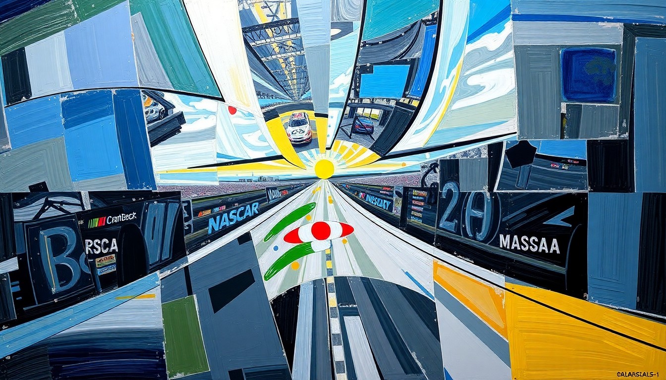 A cubist, geometric painting depicting the chaotic multi-truck crash at Bristol Motor Speedway, with sharp, overlapping planes of color and form representing the sudden turn of events that ended a driver's historic run.
