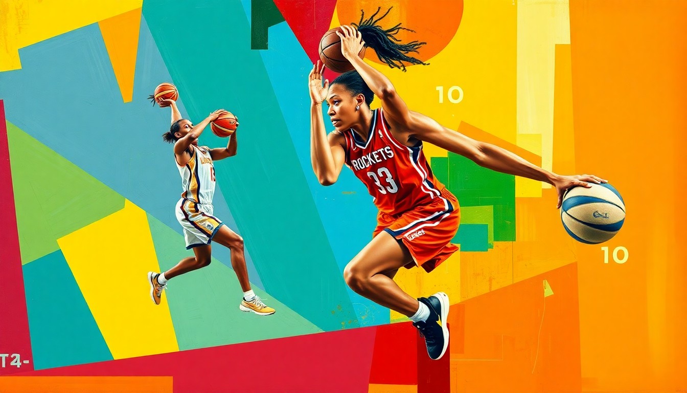 A cubist, geometric painting depicting Brittney Griner's basketball skills and movements, with sharp, overlapping planes in the vibrant colors of the Connecticut Sun and Houston Rockets.