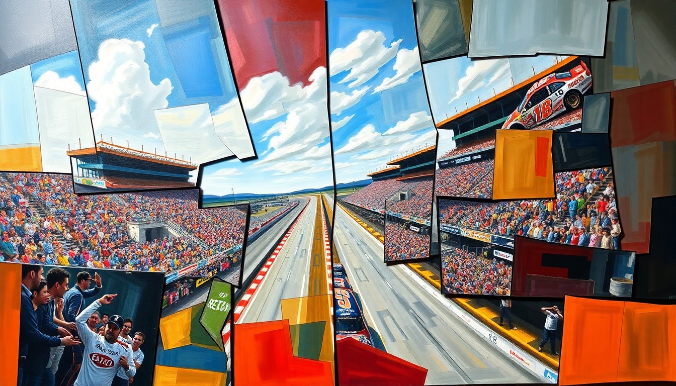 A cubist, geometric painting depicting the starting grid of the NASCAR Cup Bristol race, with overlapping shapes and planes representing the cars and drivers.