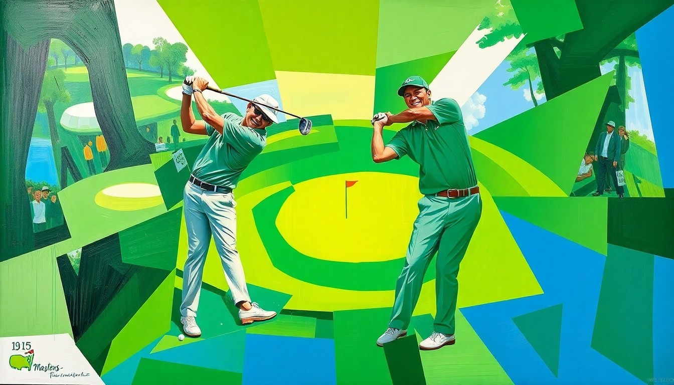 A cubist-style painting depicting a golfer's swing and emotional reaction broken down into sharp, overlapping geometric shapes and planes in vibrant colors, conveying the intensity and complexity of the moment.