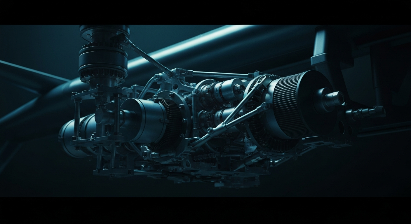 A highly detailed, macro-level view of the complex mechanical systems and components that make up an electric vertical take-off and landing (eVTOL) aircraft, conveying the technical sophistication and engineering prowess required to develop this new category of sustainable transportation.