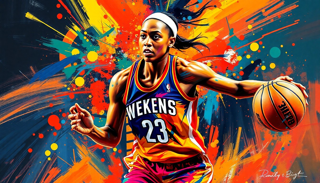 An abstract, expressionist painting in vibrant neon colors depicting the dynamic movement and energy of a WNBA basketball player, with their features and jersey details blurred into a visually striking composition.