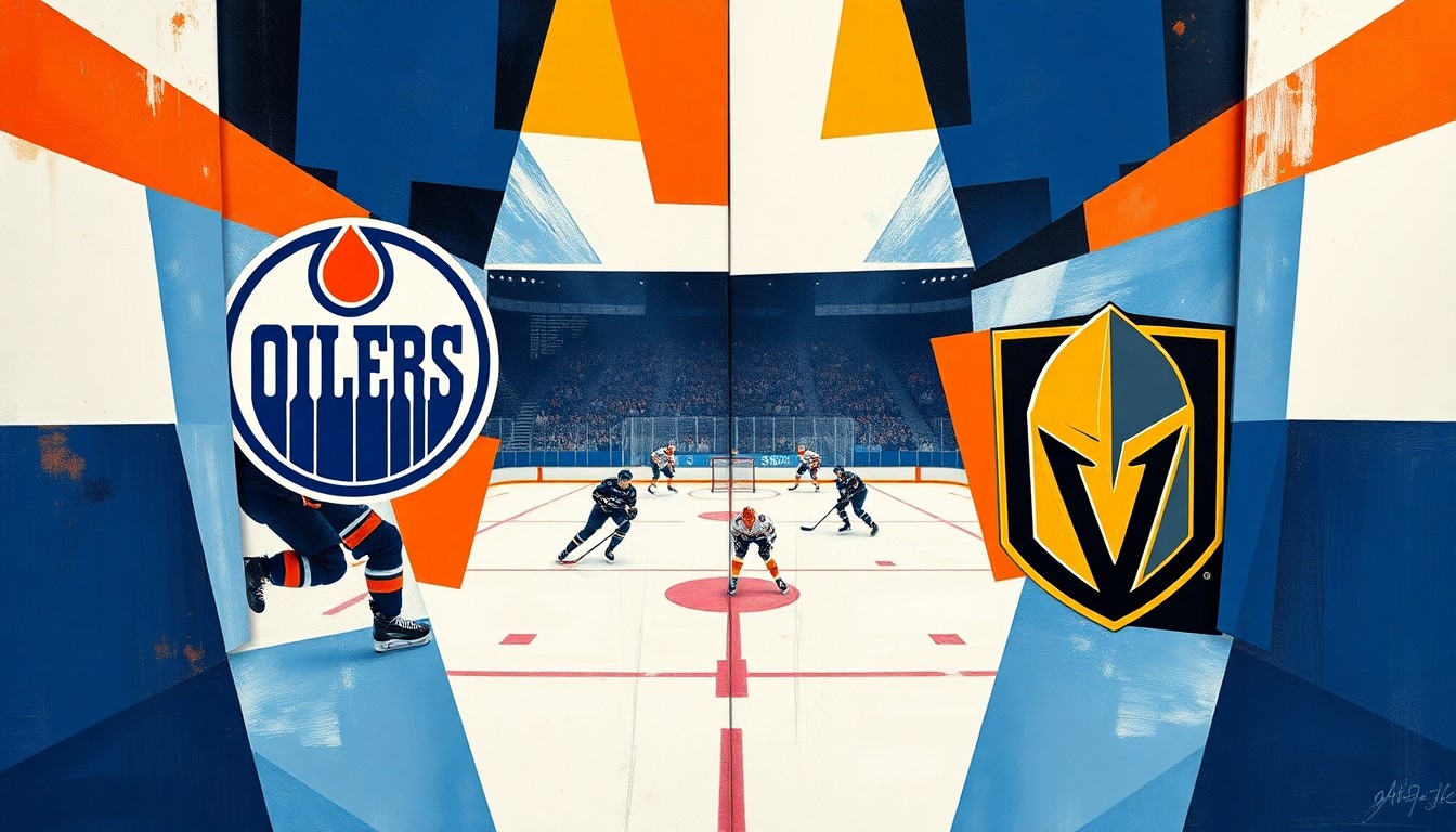 A cubist, multi-perspective painting featuring sharp, overlapping geometric planes in navy blue, orange, white, gold, and black, conceptually representing the tight division race between the Edmonton Oilers and Vegas Golden Knights.