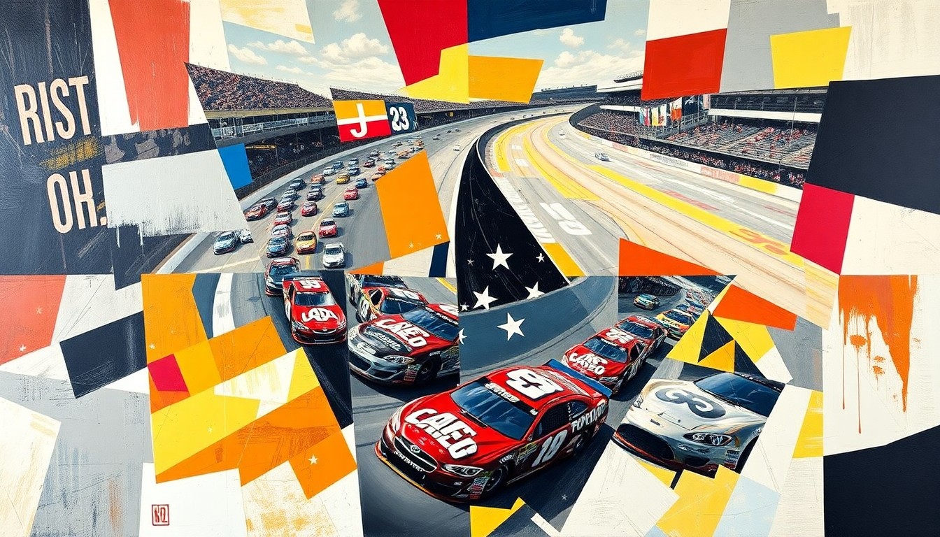 A fractured, multi-perspective painting featuring sharp, overlapping geometric planes in vibrant colors that represent the intense action and competition of a NASCAR race at Bristol Motor Speedway.