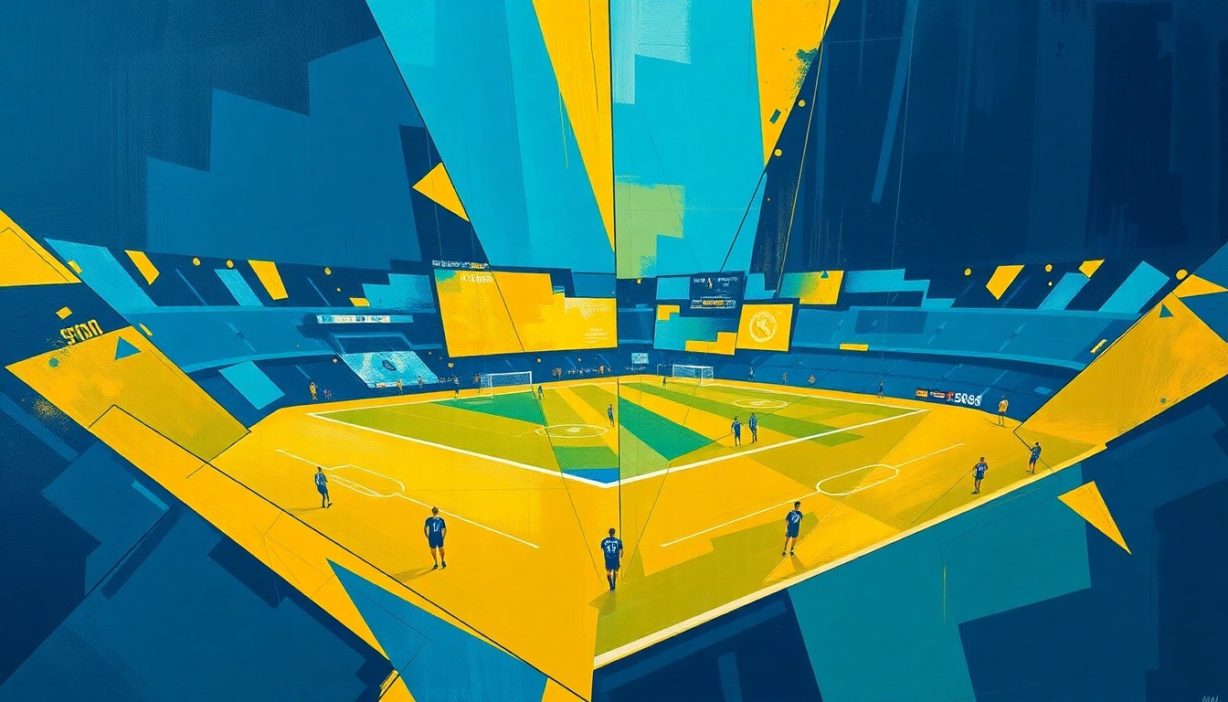 A cubist, geometric painting depicting a soccer match, with fragmented shapes and planes in navy blue, gold, and teal representing the players, field, and action on the pitch.