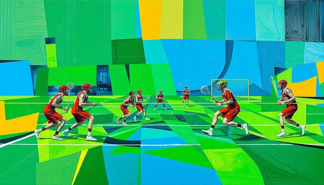 A fragmented, geometric painting depicting the dynamic movements and competing forces of a lacrosse game, rendered in a cubist style with bold, clashing colors.