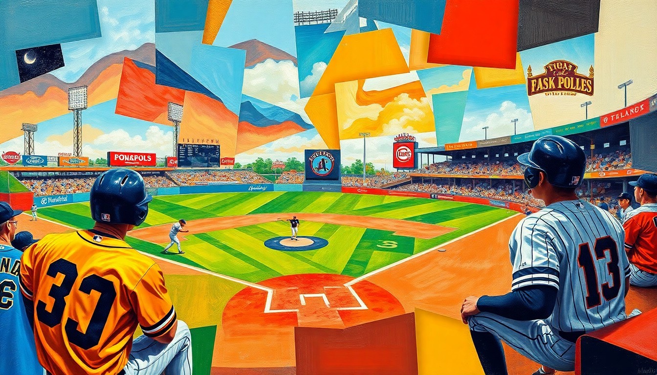 A cubist, geometric painting depicting a baseball game, with sharp, overlapping planes of color representing the players, field, and action of the game.