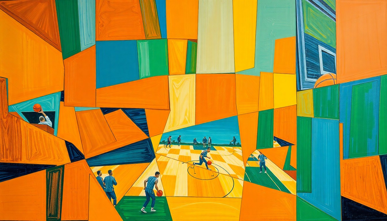 A fractured, cubist-style painting depicting the chaotic energy of a basketball game, with sharp geometric shapes and planes of vibrant orange, blue, and green colors overlapping to create a dynamic, abstract composition.