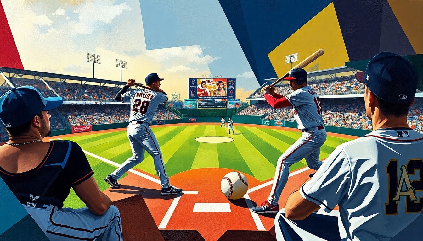 A fractured, multi-perspective painting breaking down a baseball game into sharp, overlapping geometric planes, with the players' forms abstracted into angular shapes and the ball and field elements deconstructed into a dynamic, cubist composition.