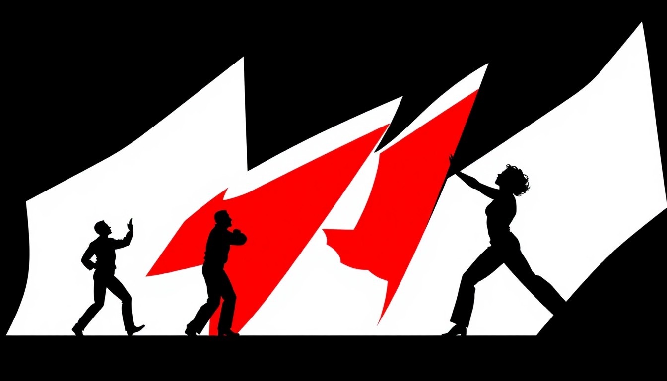 An abstract, minimalist illustration featuring bold, jagged shapes in red, white, and black, conceptually representing the energy and movement of a dance performance.