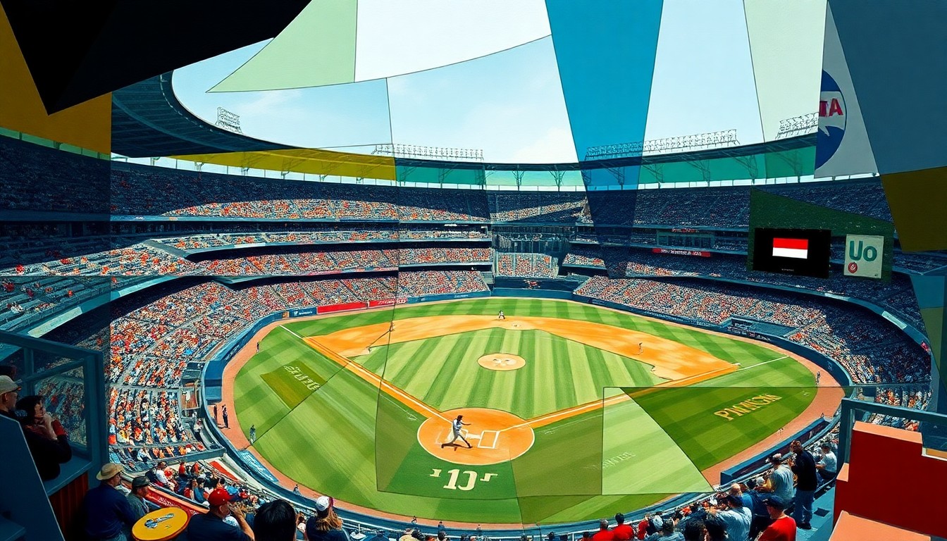 A fragmented, geometric painting depicting a baseball game or match, with the players, field, and stadium broken down into abstract shapes and planes of color, creating a dynamic, multi-perspective view of the action.