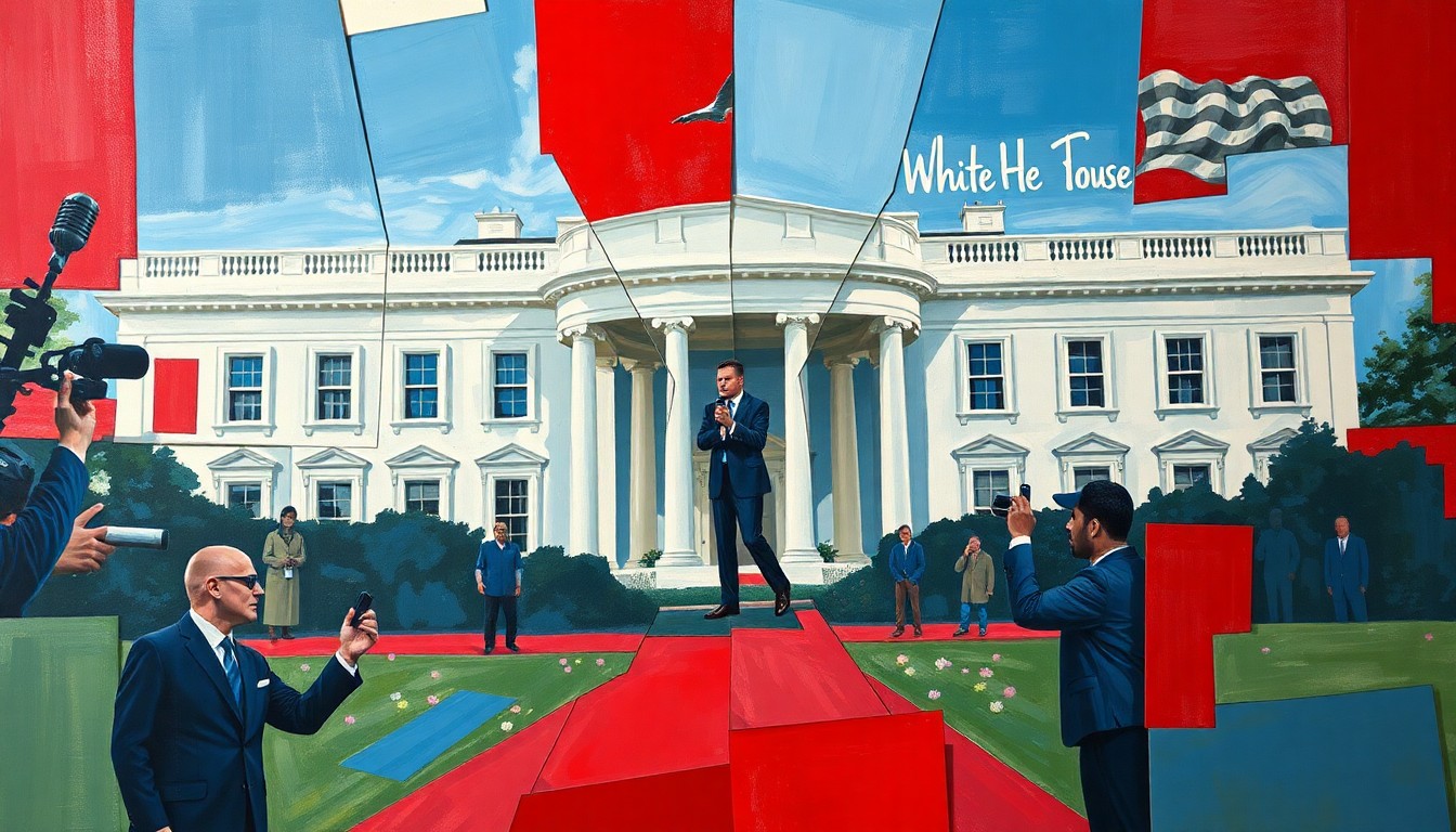 A cubist, geometric painting depicting a fractured, multi-perspective view of a UFC fighter's arrival at the White House, using bold red, white, and blue colors to conceptually represent the blending of sports and politics.