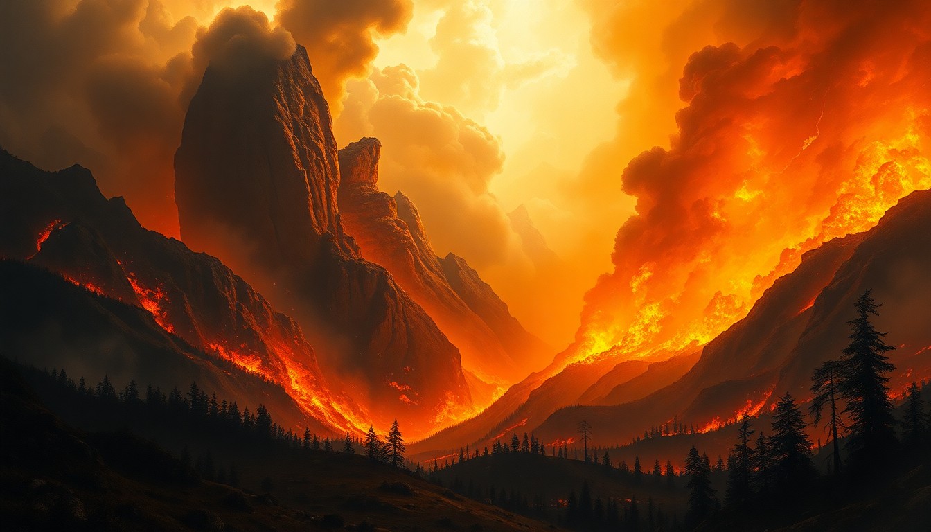 A dramatic landscape painting in the style of Caspar David Friedrich, with sweeping brushstrokes of orange and grey capturing the scale and intensity of a structure fire raging in the distance.