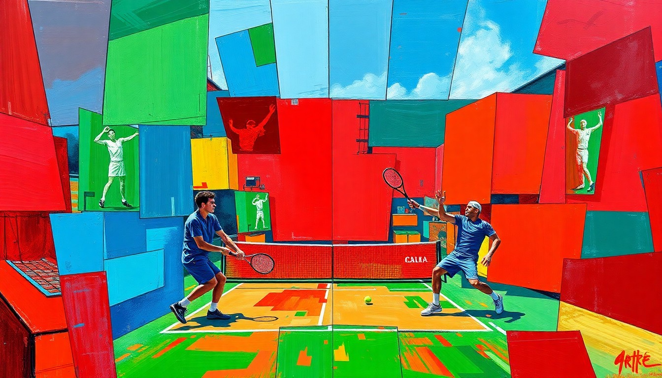 A fractured, cubist-style painting depicting the intense action and energy of a tennis match between two players, with sharp geometric shapes and vibrant colors capturing the dynamic movement and competitive spirit of the encounter.