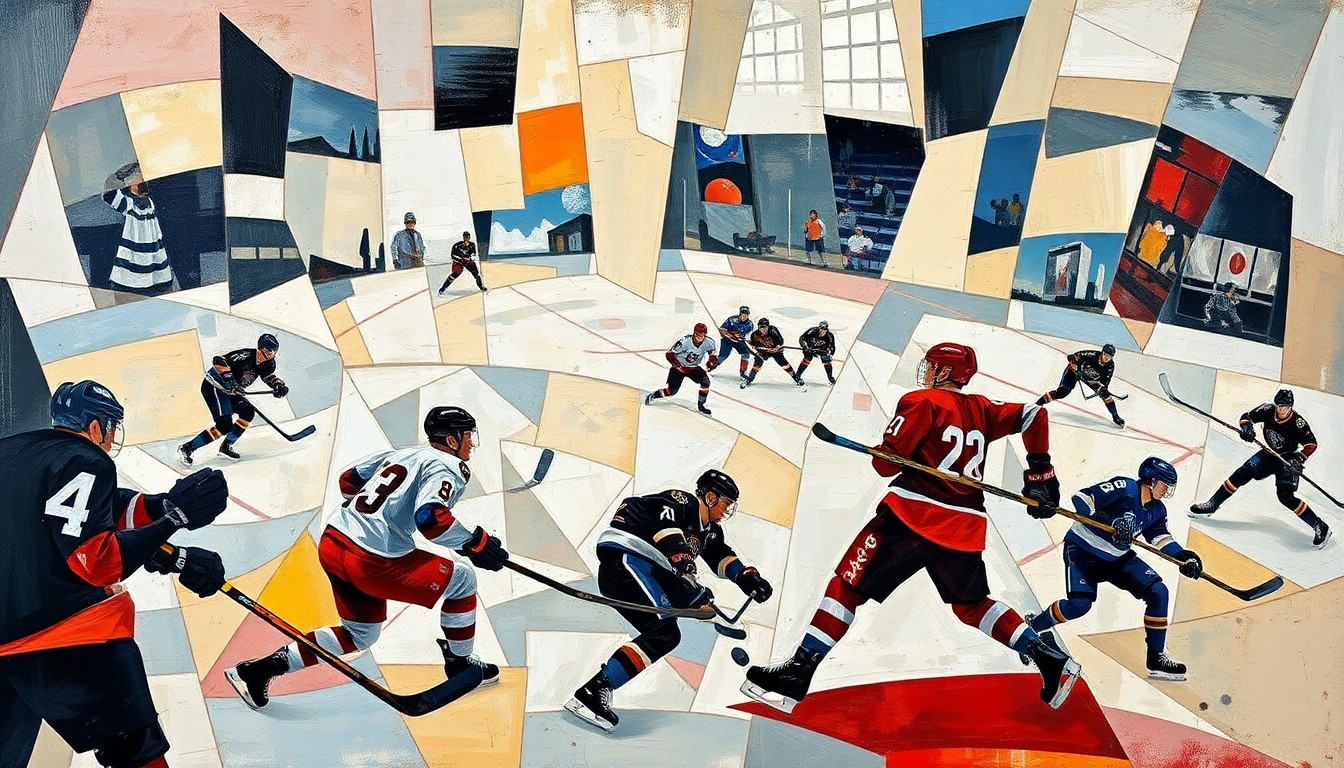 A cubist, geometric painting depicting the chaotic energy of a hockey game, with players and the puck represented as fragmented, overlapping shapes and forms.