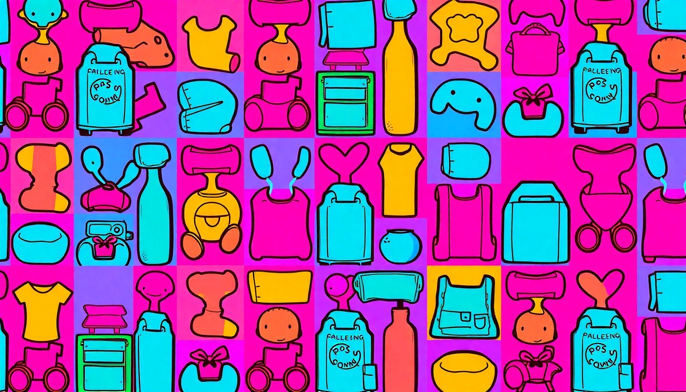 A high-contrast, silkscreen-style illustration featuring a repeated pattern of a children's toy or book in a grid of neon colors, conveying the joyful and progressive nature of the Bachchan family's approach to raising their daughter.