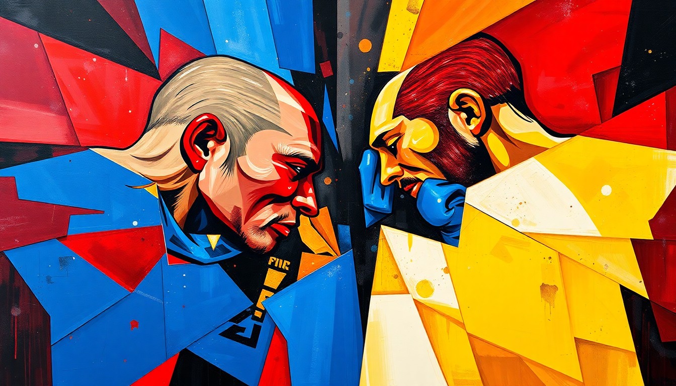 A cubist, geometric painting depicting the energy and intensity of the PFL Chicago 2024 MMA event, with overlapping planes of color and movement representing the diverse fighting styles and competitive spirit of the athletes.