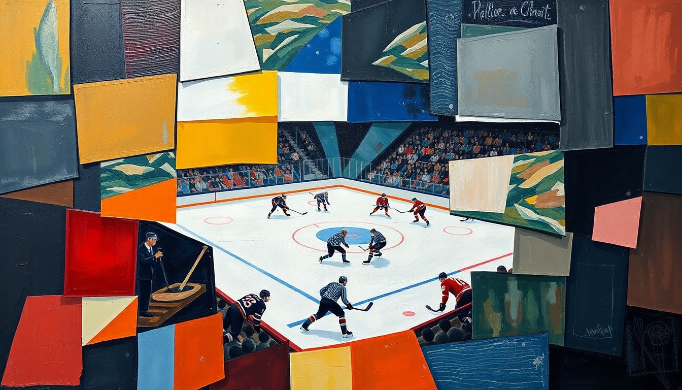 A cubist, geometric painting depicting a hockey game, with players and the rink broken down into sharp, overlapping shapes and planes in a variety of blues, greens, and reds, capturing the dynamic action of the sport.
