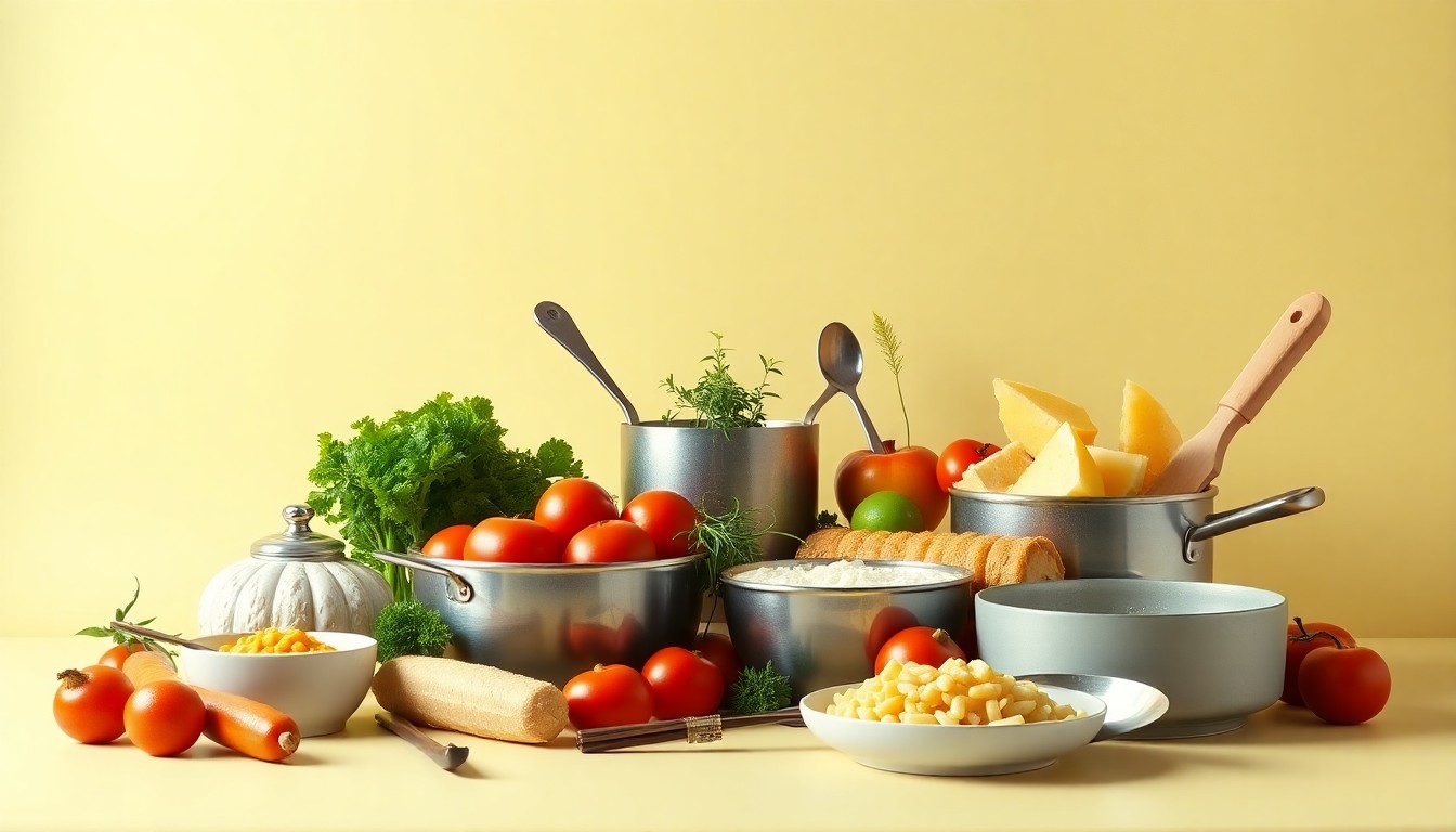 A high-end, photorealistic studio still-life photograph featuring a selection of premium, polished cooking ingredients and utensils arranged elegantly on a clean, monochromatic background, conceptually representing the fresh, wholesome Mediterranean cuisine that Taziki's Mediterranean Cafe is known for.