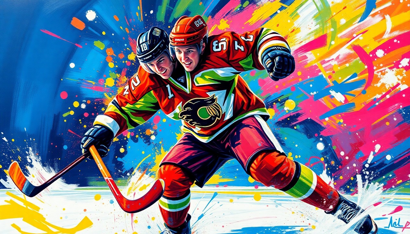 An abstract expressionist painting in neon colors depicting the dynamic motion and raw emotion of a hockey player scoring a goal, with the player's features obscured in a vibrant blur of brushstrokes.
