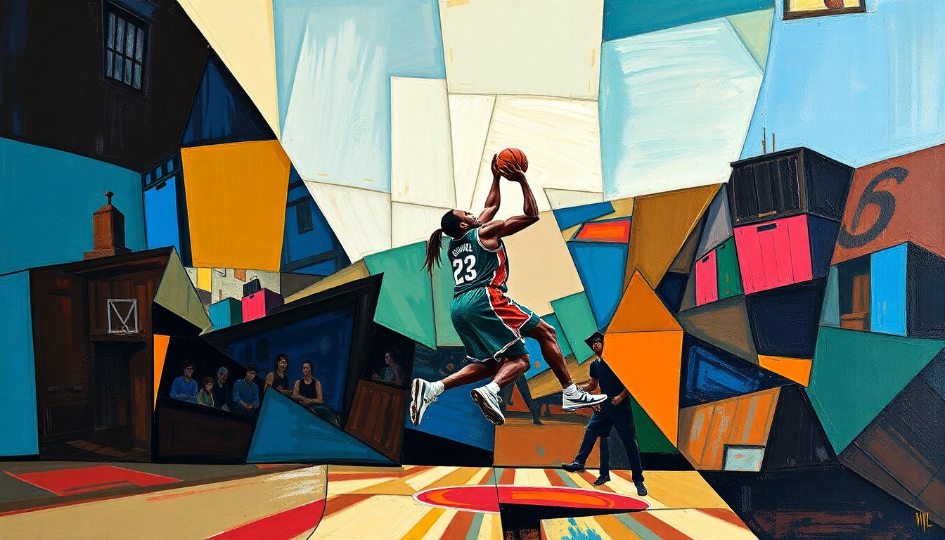 A cubist, geometric painting depicting a basketball game or match, with the players and court broken down into sharp, overlapping planes of color, capturing the dynamic energy and unique skill of Victor Wembanyama.